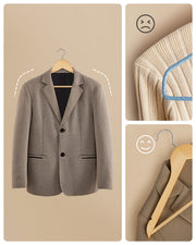 Comparison of a jacket on a plastic hanger causing shoulder bumps versus a wooden hanger keeping the shoulder smooth