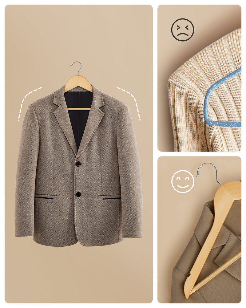 Comparison of a jacket on a plastic hanger causing shoulder bumps versus a wooden hanger keeping the shoulder smooth