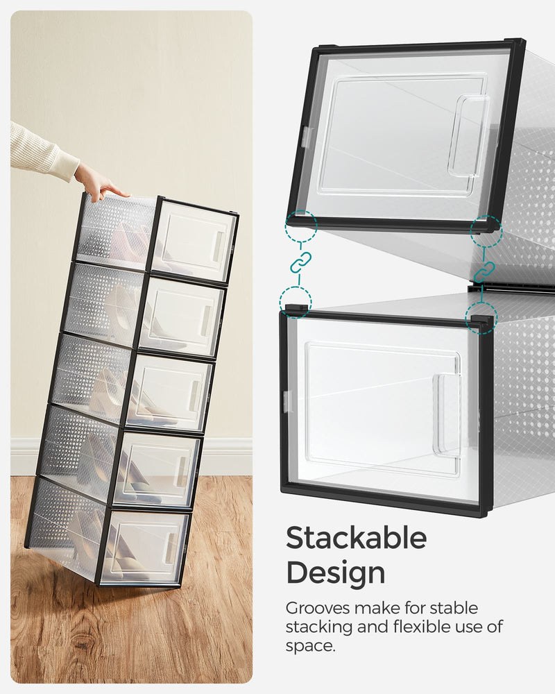 Person lifting a stack of shoe boxes and close-up of the stacking groove connection