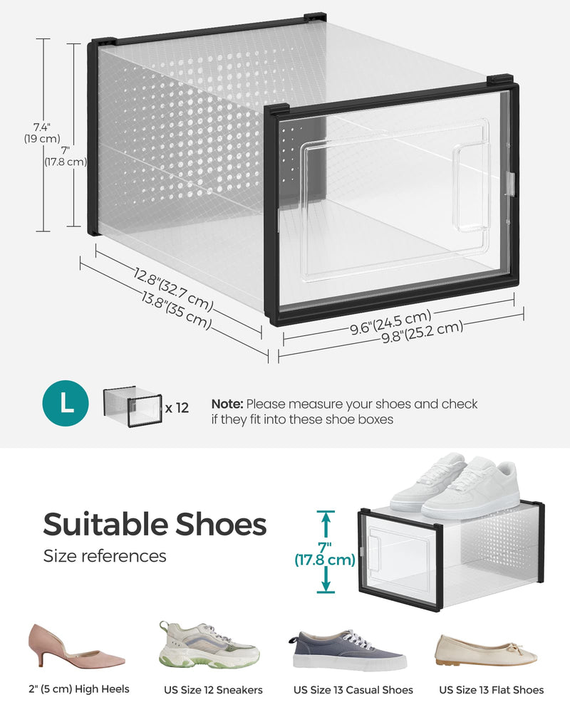 Dimensions diagram showing the shoe box size and assembly parts