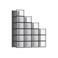 Pack of 18 stackable clear shoe storage boxes with black frames in a staircase stack