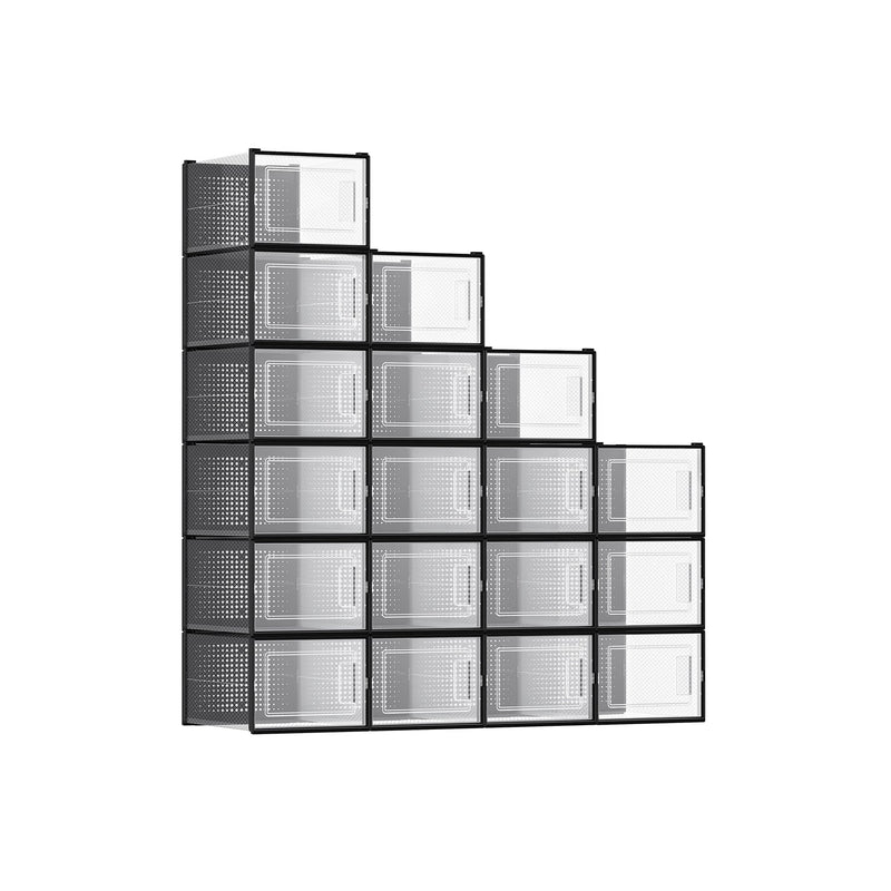 Pack of 18 stackable clear shoe storage boxes with black frames in a staircase stack