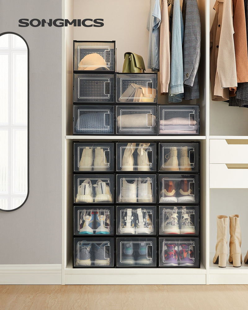 Songmics shoe storage boxes stacked in a wardrobe with shoes and clothing visible