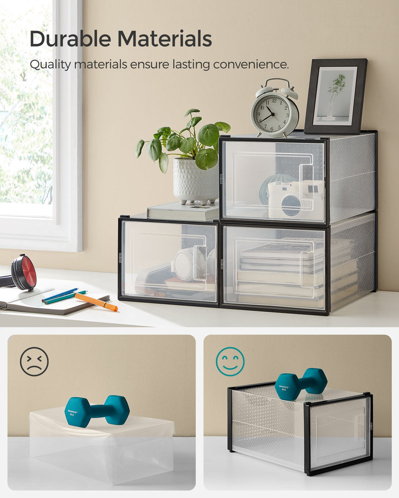 Boxes styled on a desk holding a camera and books, showing durable materials