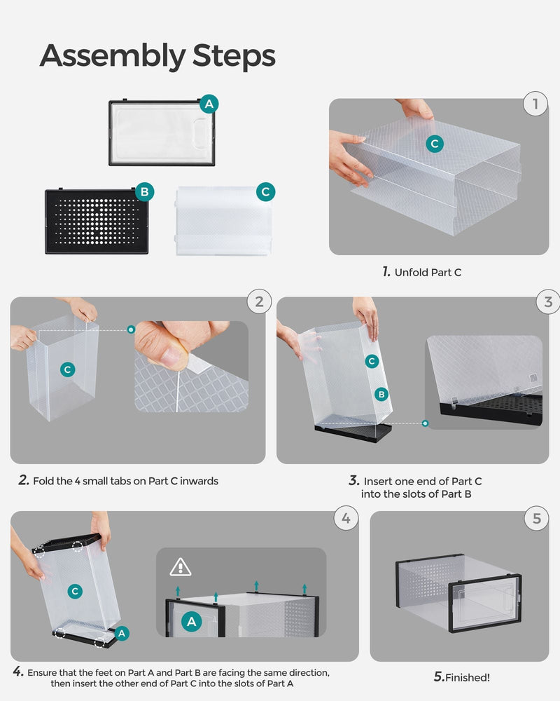 Assembly steps diagram showing the tool-free fold and clip together process