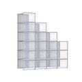 Eighteen grey and clear stackable shoe boxes arranged in a stepped stack on a white background
