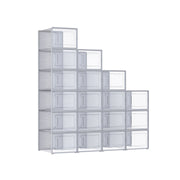 Eighteen grey and clear stackable shoe boxes arranged in a stepped stack on a white background