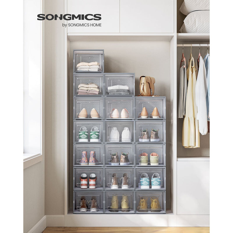 The stacked shoe boxes filling a wardrobe alcove, shown with the Songmics brand logo