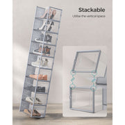 Feature panel showing a tall stack of shoe boxes making use of vertical space
