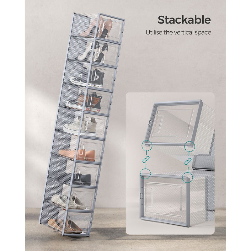Feature panel showing a tall stack of shoe boxes making use of vertical space