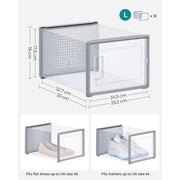 Dimension diagram of one shoe box showing 25.2 x 35 x 19 cm outside and 24.5 x 32.7 x 17.8 cm inside