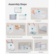 Assembly steps diagram showing the panels being unfolded and clipped together by hand