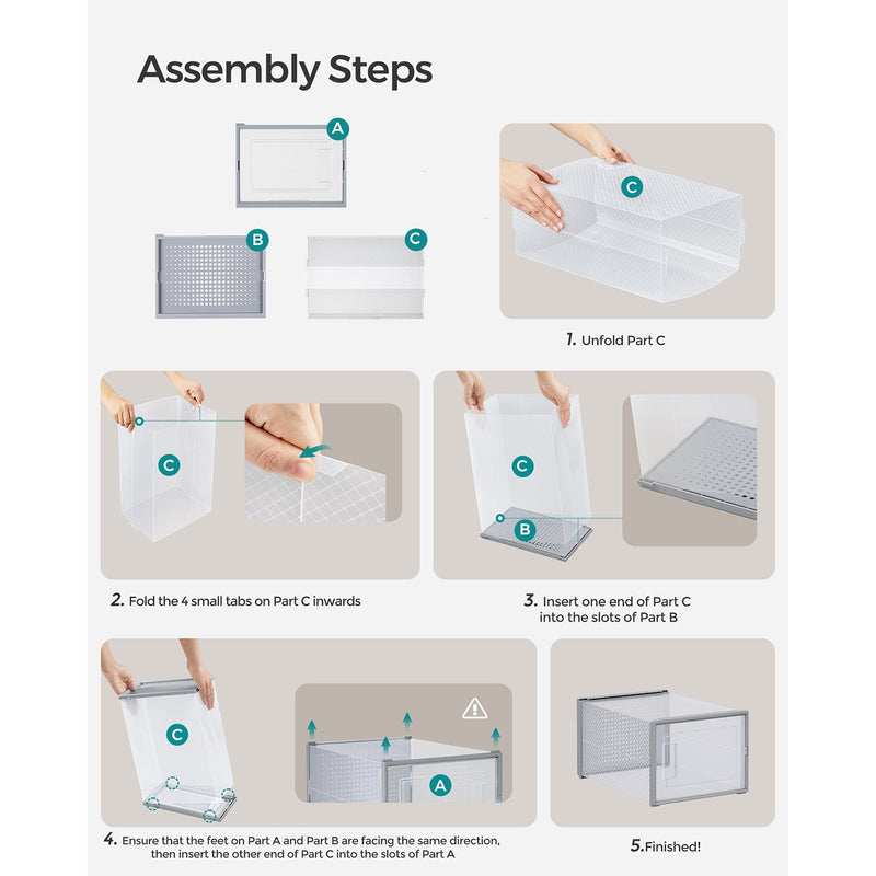 Assembly steps diagram showing the panels being unfolded and clipped together by hand