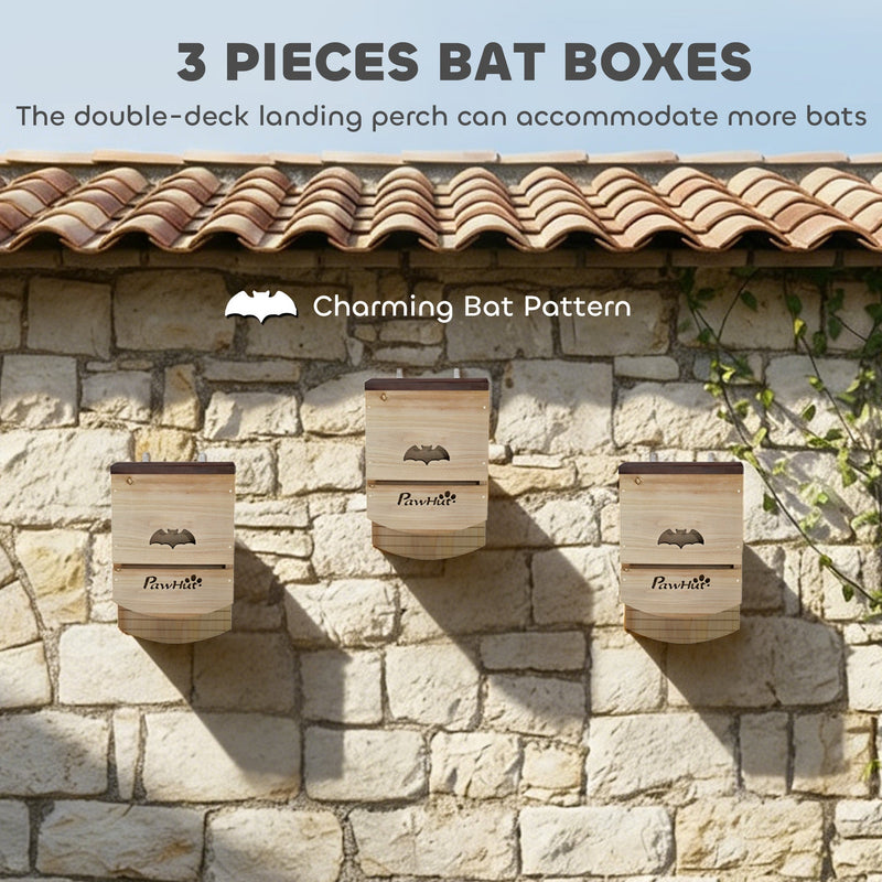 Bat box pack of 3 with double-deck landing perch and bat pattern cutout