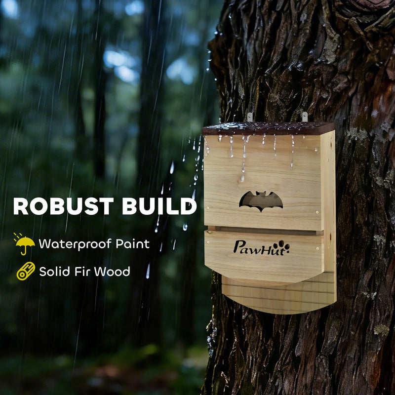 Bat box in the rain showing waterproof paint finish and solid fir wood build