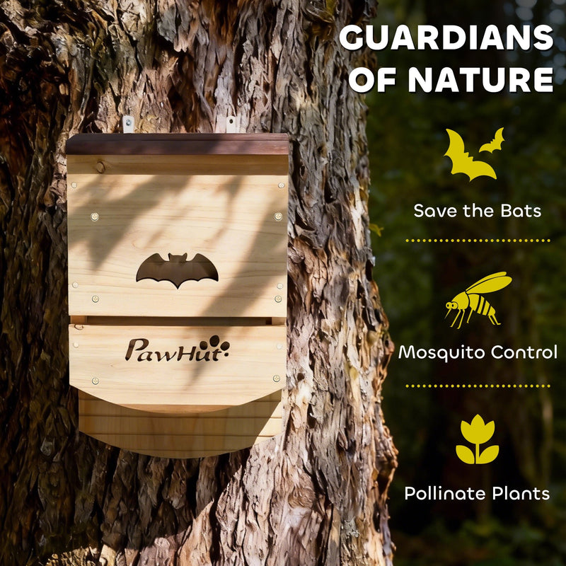 Bat box mounted on a tree trunk illustrating pest control and pollination benefits