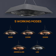 Diagram showing 5 working modes: 800W, 1200W, 2000W, 2000W with LED, and LED only