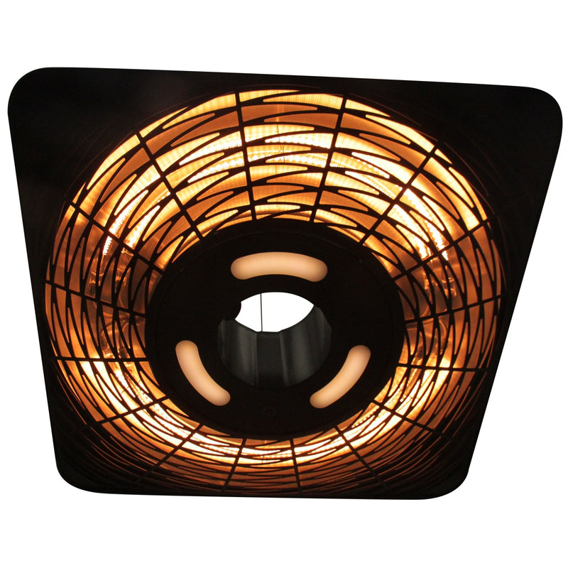 Underside view of the heater with the halogen bulbs lit
