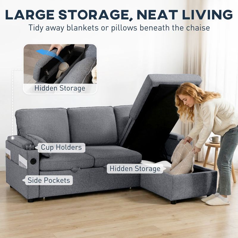 Corner Sofa Bed with Storage and USB Charging for Flexible Guest Sleeping Grey AOSOM