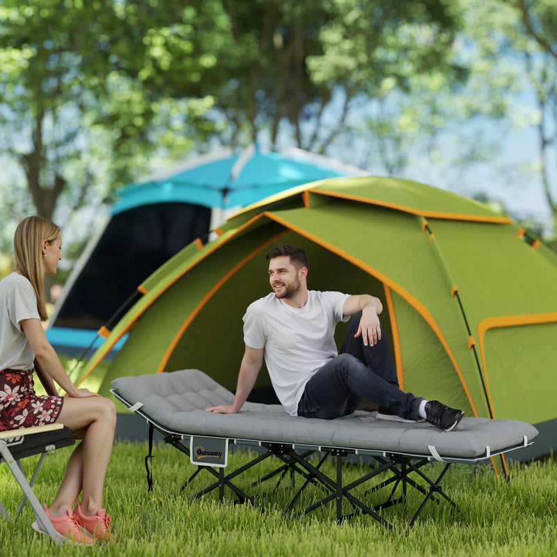 Folding Camp Bed with Thick Mattress and Side Pocket for Outdoor Relaxing Light Grey