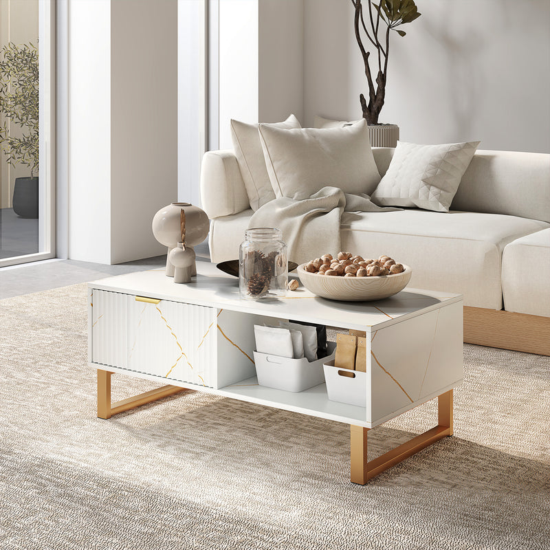 White Marble Effect Coffee Table with Hidden Storage and Sleek Design by HOMCOM
