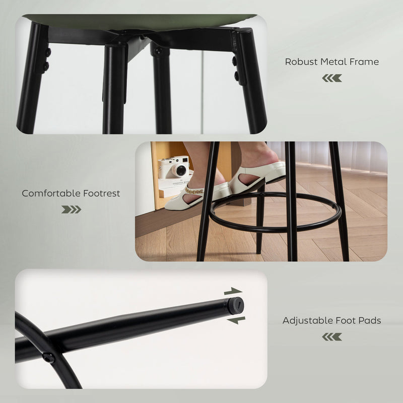 Set of 2 Adjustable Faux Leather Bar Stools with Footrest for Kitchen Counter, Green Seat With Black Legs