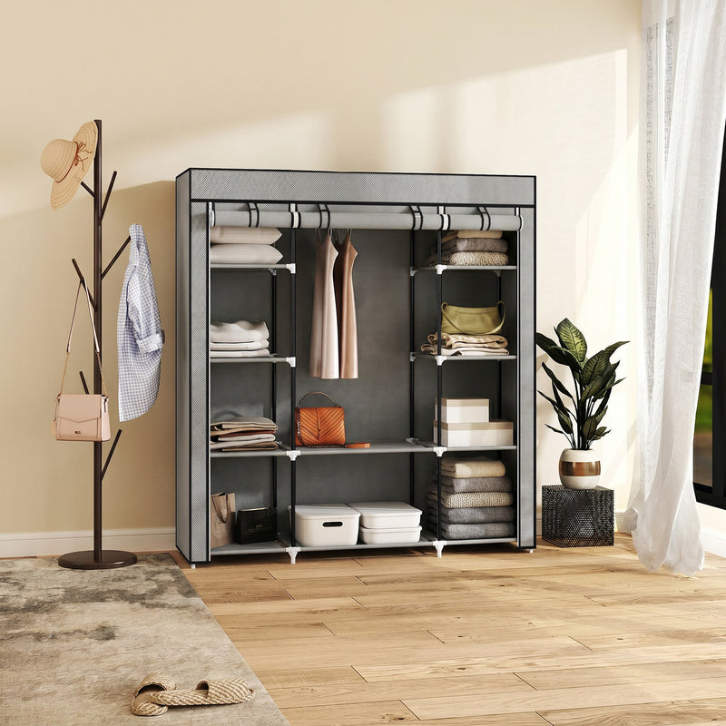 Fabric Wardrobe with Hanging Rail and 10 Shelves for Easy Bedroom Storage