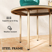 Beige 60cm Round Garden Side Table with Tempered Glass Top and Steel Frame