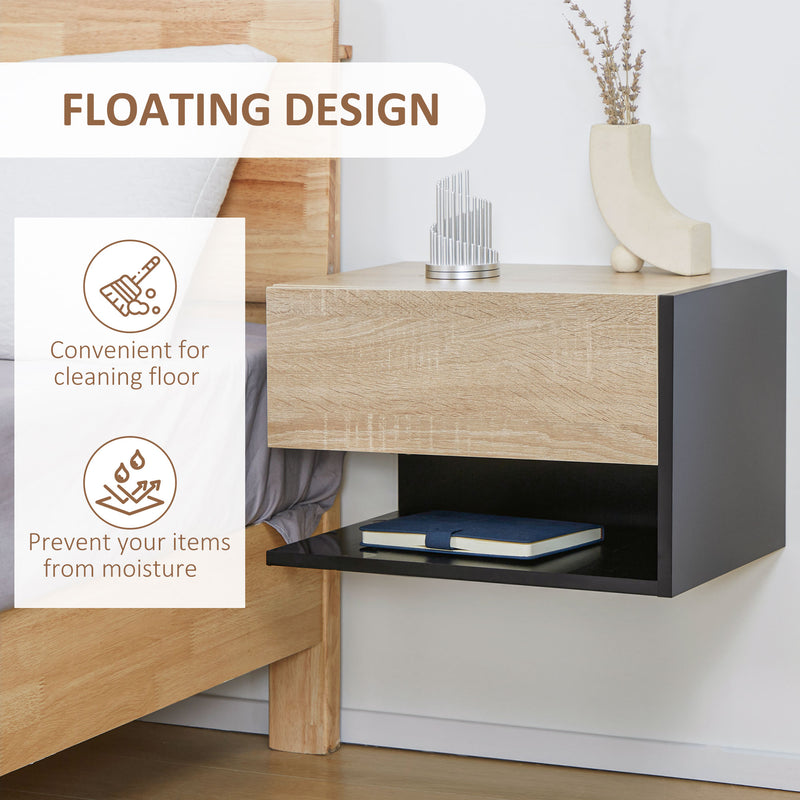 Wall Mounted Bedside Tables Set of 2 With Drawer and Shelf Modern Bedroom Oak Tone