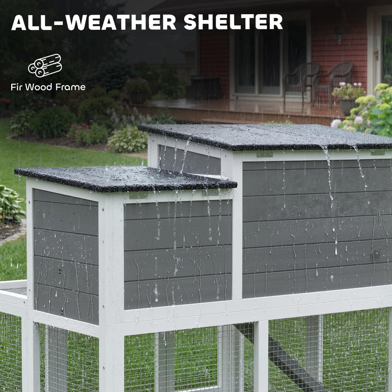Two Level Rabbit Hutch with Easy Clean Tray and Secure Run for Indoor or Outdoor Use Grey AOSOM