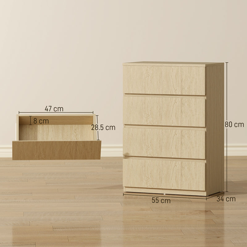 Chest of Drawers with 4 Spacious Handleless Drawers for Bedroom Storage Natural Wood AOSOM