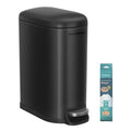Songmics 10L black pedal bathroom bin next to a pack of sample bin liners
