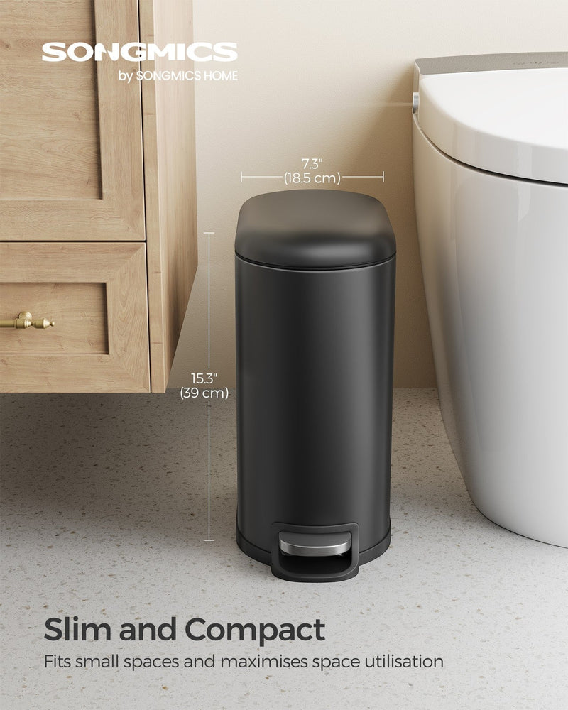 Songmics black pedal bin dimensions shown beside a bathroom vanity, 18.5 x 39cm
