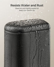 Close-up of water beading on the rust-resistant steel lid of the Songmics pedal bin