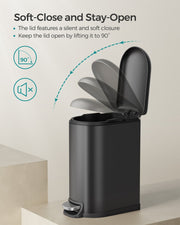 Songmics pedal bin lid shown opening to 90 degrees and staying open