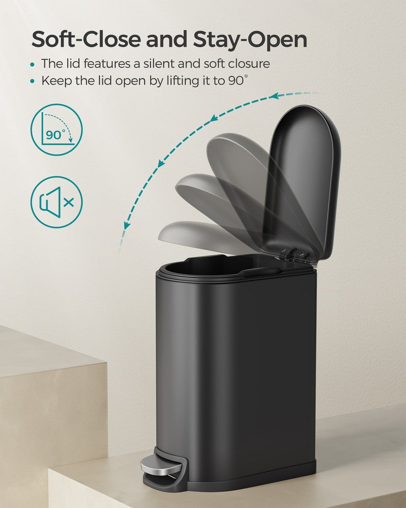 Songmics pedal bin lid shown opening to 90 degrees and staying open