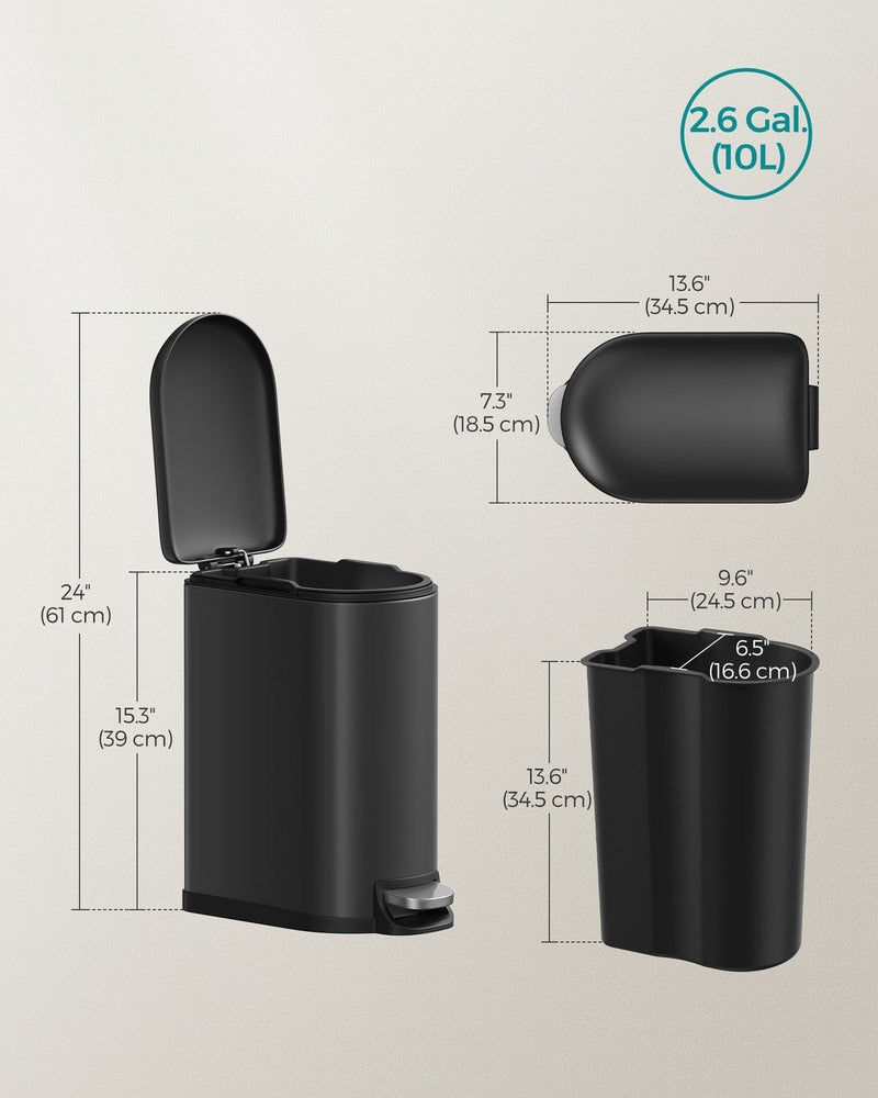 Dimension diagram of the Songmics 10L pedal bin showing 34.5 x 18.5 x 39cm