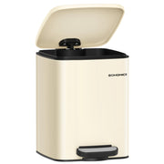 Sand beige stainless steel pedal bin with lid open, studio shot