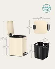 Dimension diagram showing 25.5 cm closed body height, 44.5 cm height with lid open, 23.9 x 19.3 cm footprint and 6 L capacity