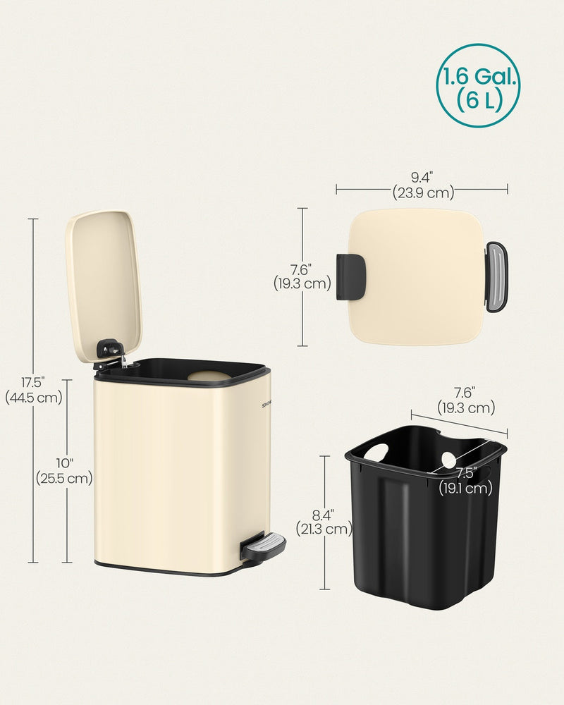 Dimension diagram showing 25.5 cm closed body height, 44.5 cm height with lid open, 23.9 x 19.3 cm footprint and 6 L capacity