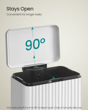 Diagram showing the lid staying open at 90 degrees for hands-free tasks