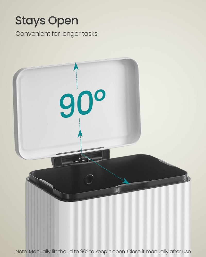 Diagram showing the lid staying open at 90 degrees for hands-free tasks