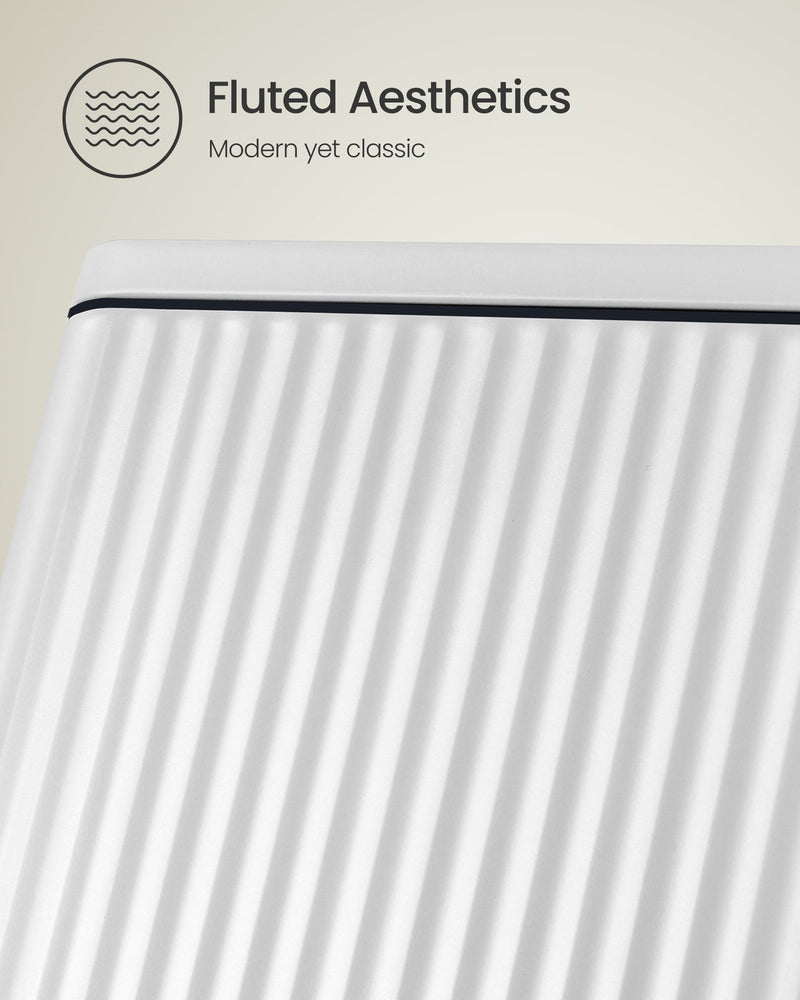 Close-up of the fluted ridged texture on the Cloud White steel bin surface