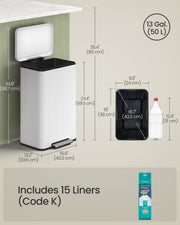 Labelled dimensions diagram: 40.3 x 33.6 x 59.5 cm bin, 90 cm high with lid open