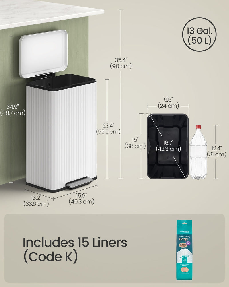 Labelled dimensions diagram: 40.3 x 33.6 x 59.5 cm bin, 90 cm high with lid open