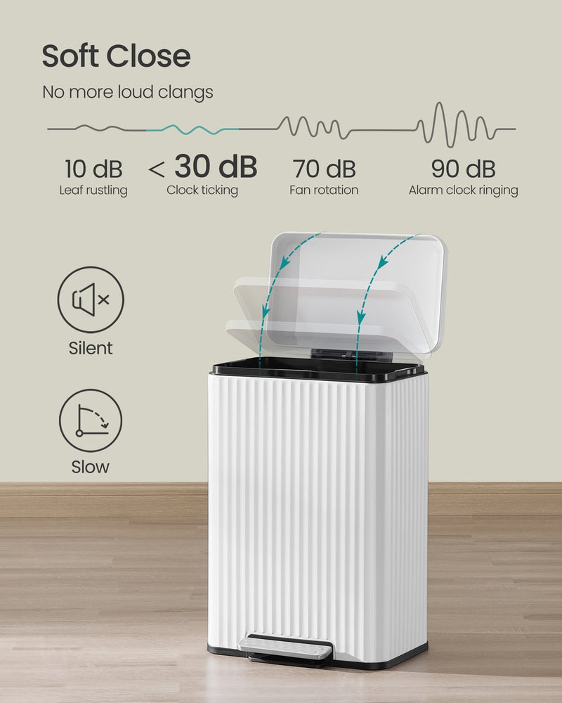 Soft-close lid diagram showing noise level under 30 decibels when closing