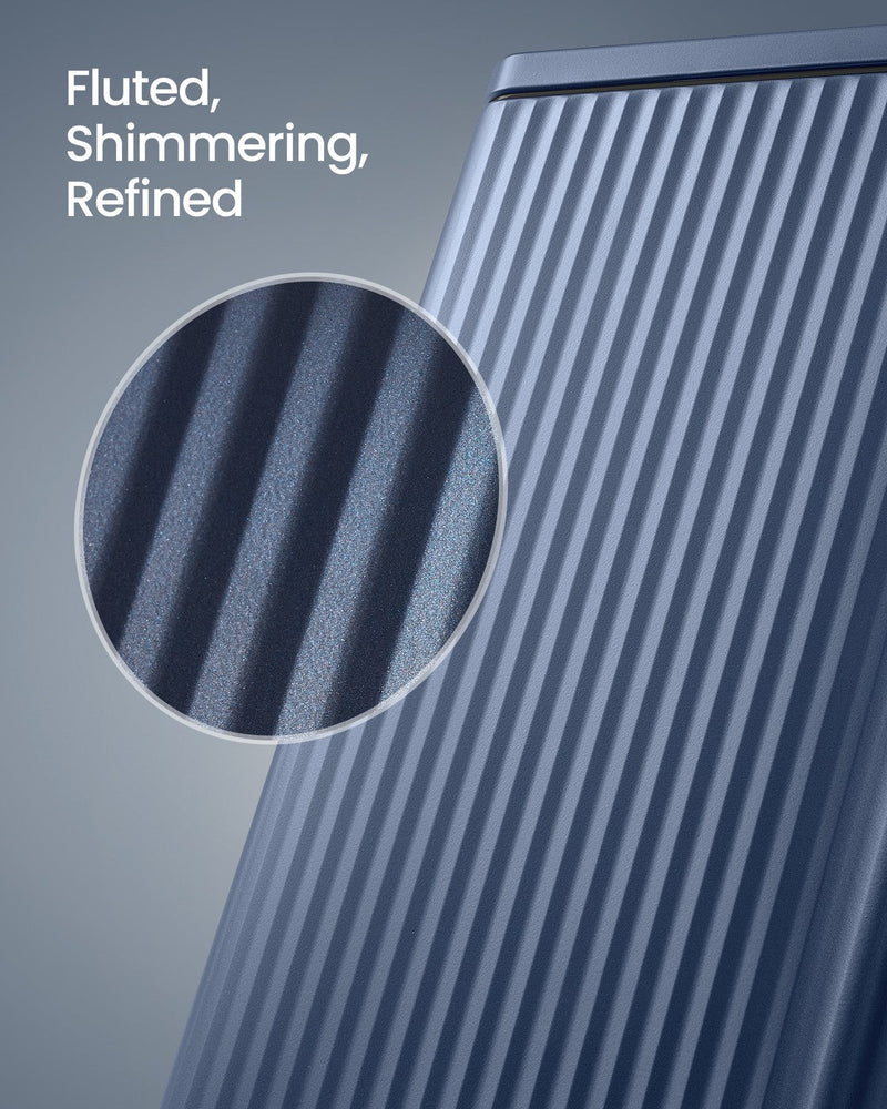 Close-up of the fluted shimmering texture on the Midnight Blue steel bin surface