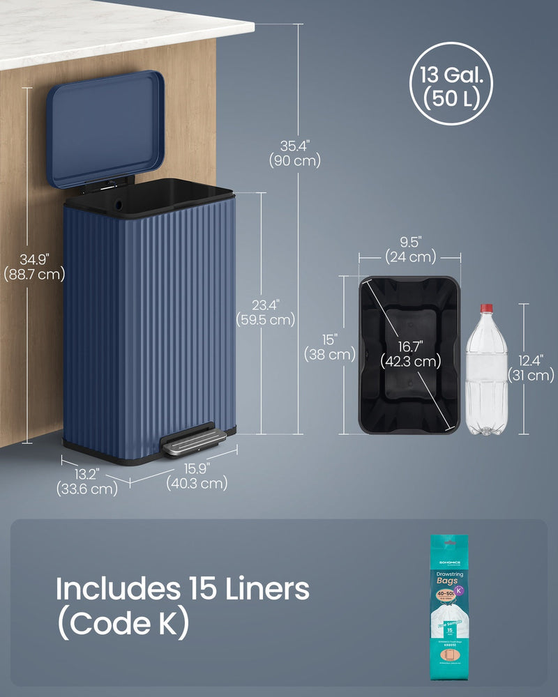 Labelled dimensions diagram: 40.3 x 33.6 x 59.5 cm bin, 90 cm high with lid open