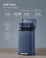 Soft-close lid diagram showing noise level under 30 decibels when closing