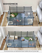 Two playpens on a rug holding toy rabbits and guinea pigs with grass mats and accessories inside